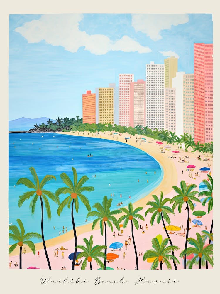 Poster Of Waikiki Beach, Honolulu, Hawaii, Matisse And Rousseau Style 2