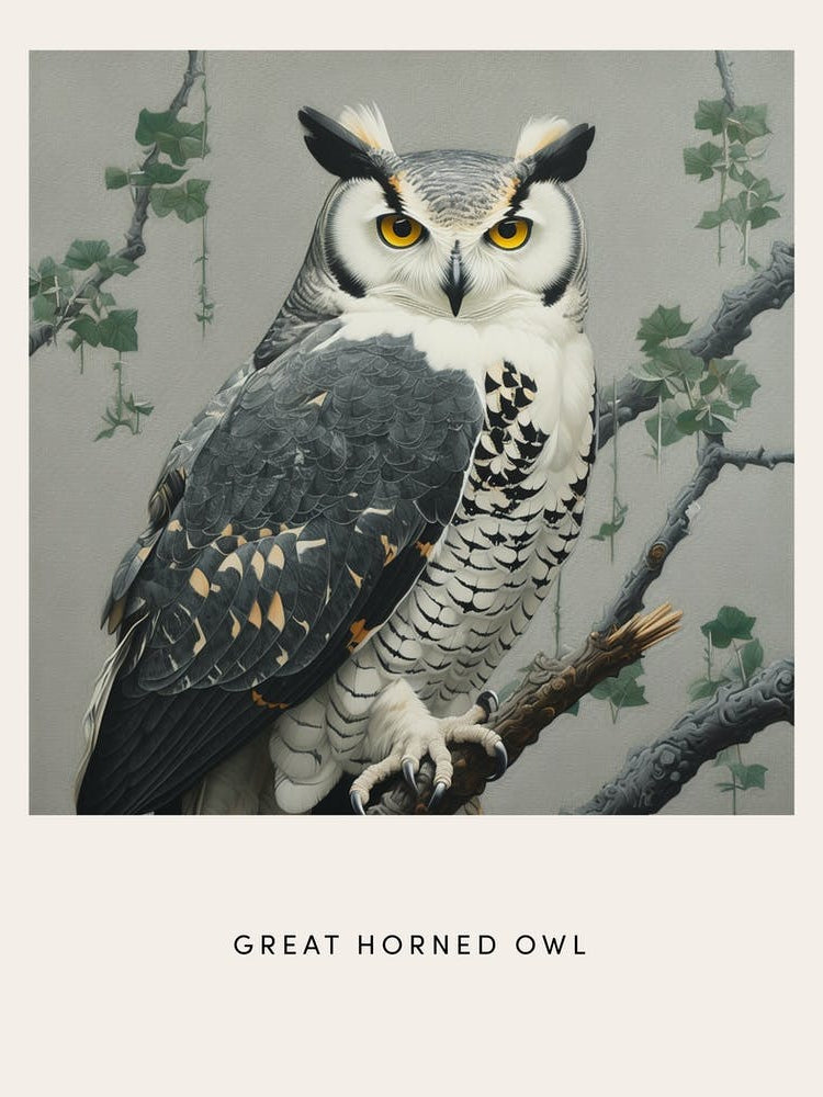 Ohara Koson Inspired Bird Painting Great Horned Owl 2 Poster