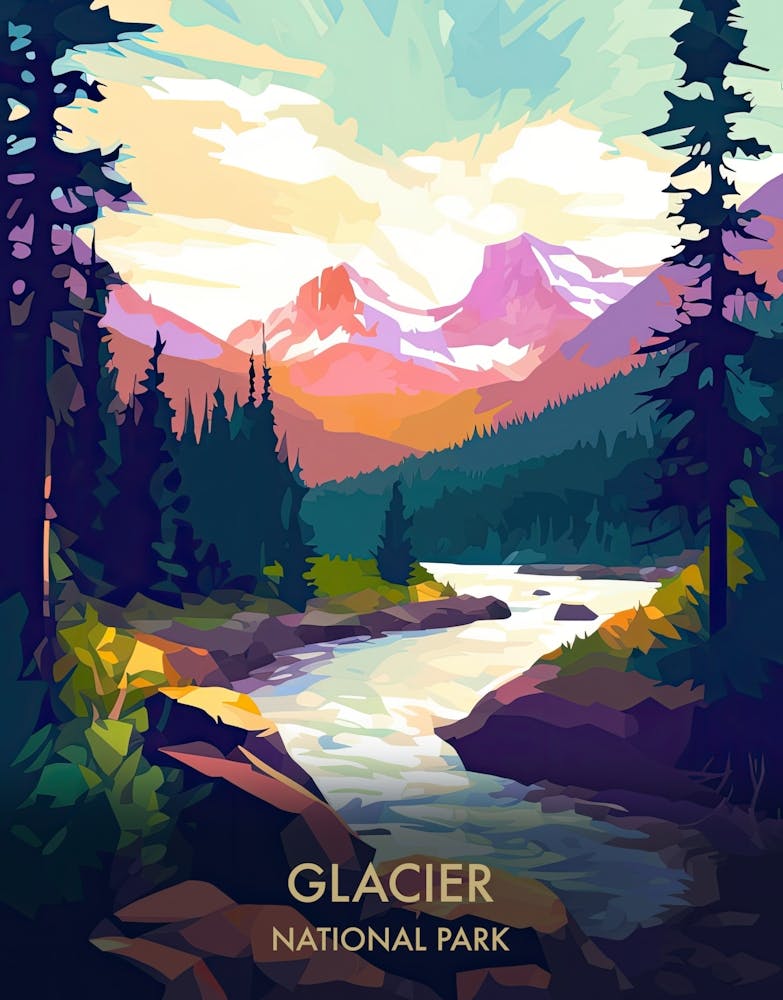 Glacier National Park Travel Poster Illustration Style 1