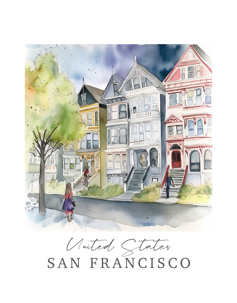 United States San Francisco Storybook 7 Travel Poster Watercolour