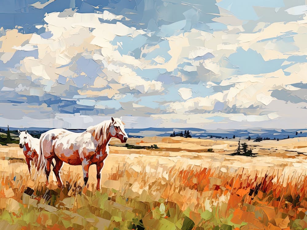 Horses Painting In Big Sky Montana, Usa, Landscape 1