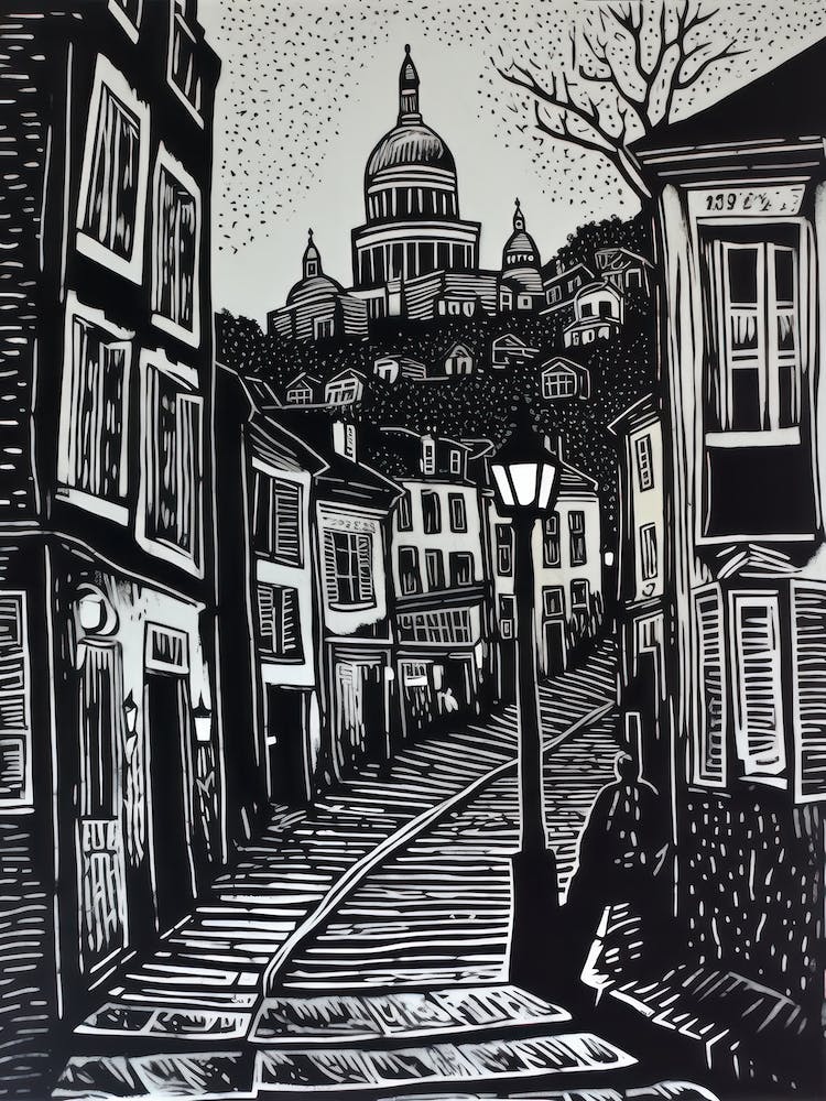 Montmartre Paris France Linocut Illustration Style 3