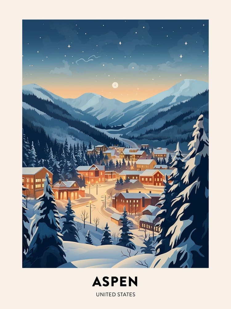 Winter Night  Travel Poster Aspen Colorado 3