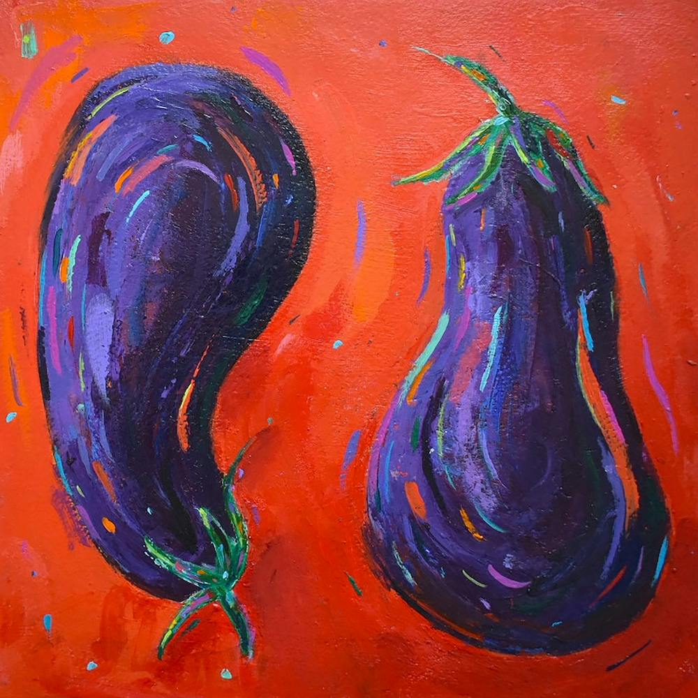 Two Aubergines On Orange Square