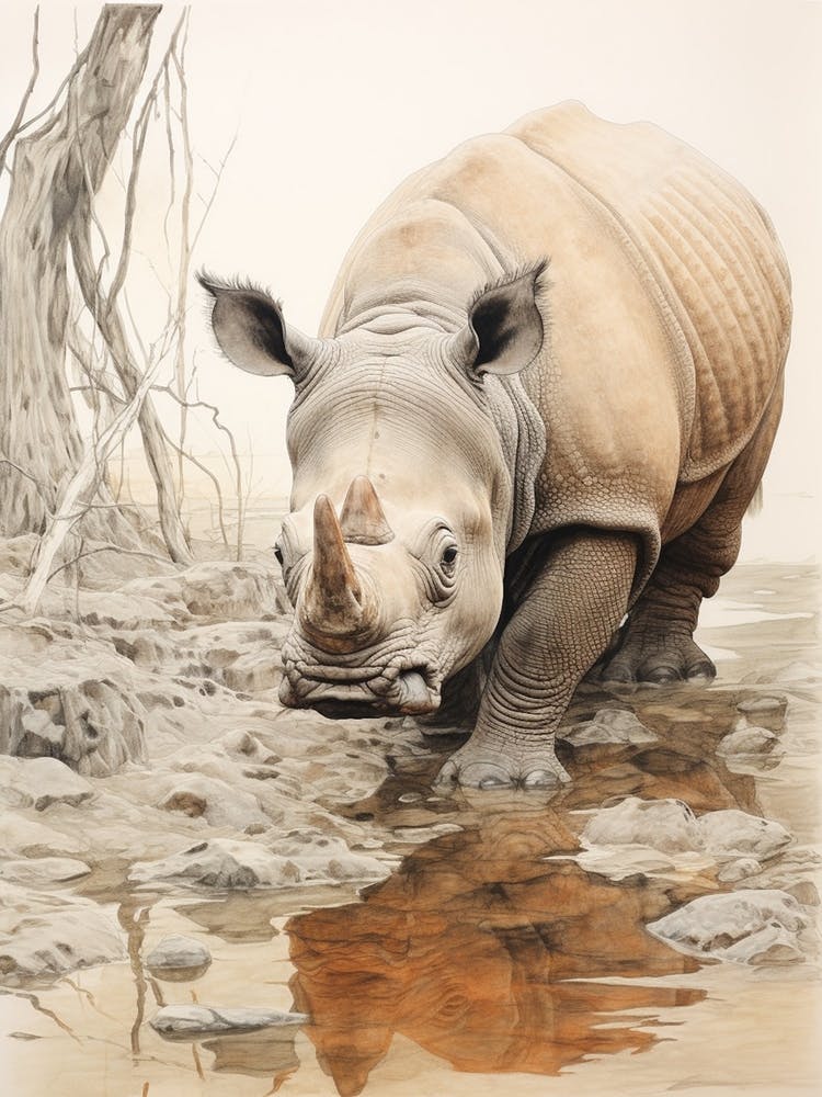 Vintage Illustration Of A Rhino In The Lake  3