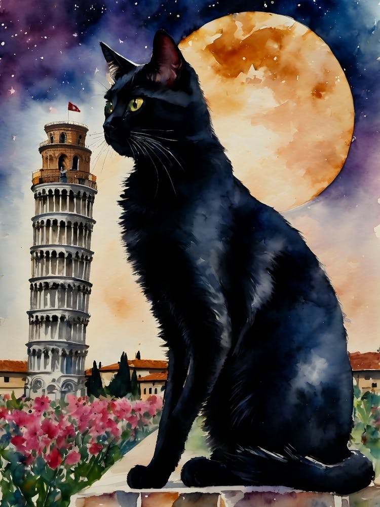 Black Cat at The Leaning Tower of Pisa - Iconic Italy Cityscapes Italian Traditional Watercolor Beaitiful Kitty Travels Home and Room Wall Art Cool Decor Klimt and Matisse Inspired Modern Awesome Cool Unique Pagan Witchy Witches Familiar Gift For Cats Lad