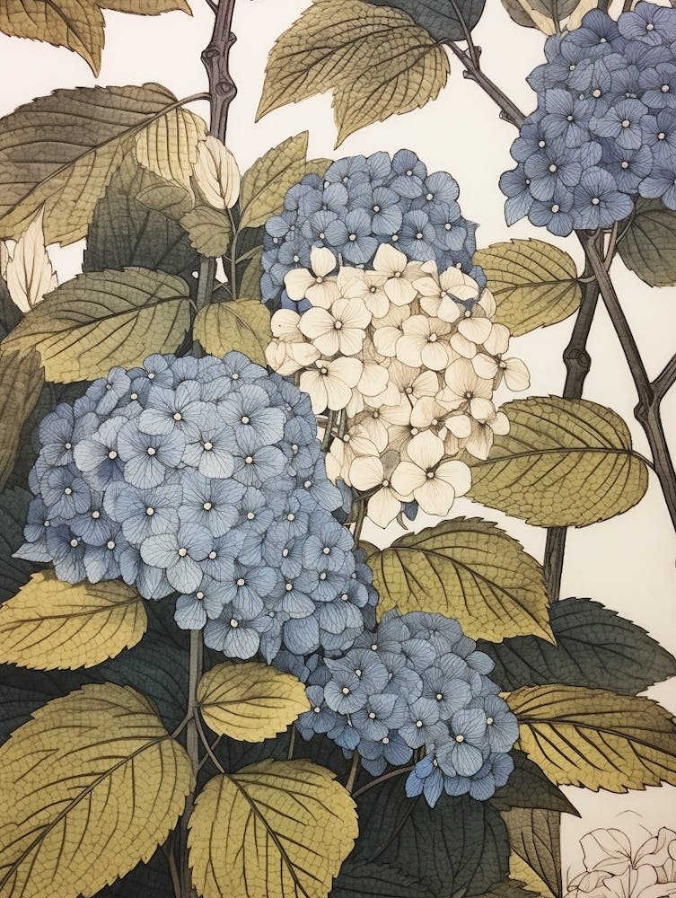 Ajisai Hydrangea 3 Vintage Botanical Woodblock