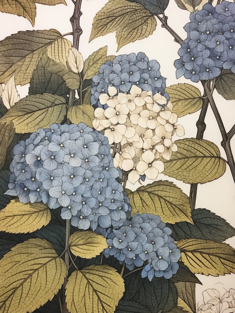 Ajisai Hydrangea 3 Vintage Botanical Woodblock