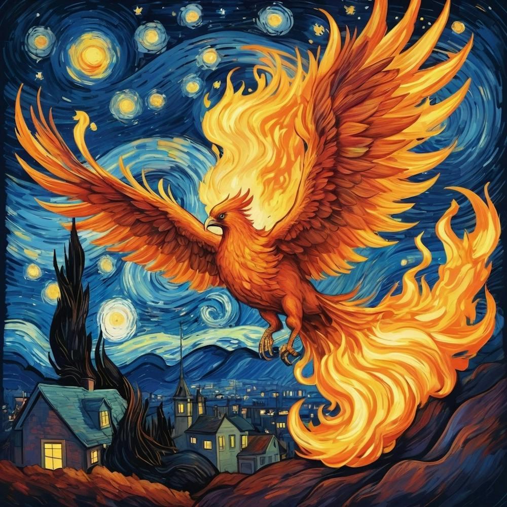 Phoenix Fire Flying At Starry Night Van Gogh Painting Pop Culture
