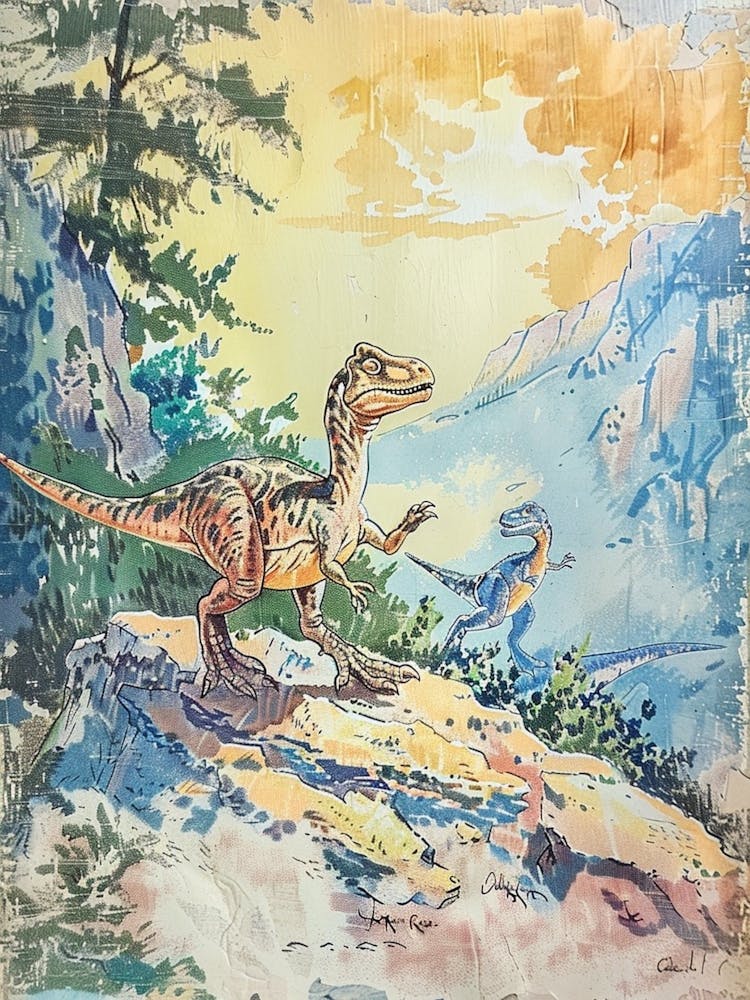 Dinosaur Friends On A Mountain Vintage Storybook Style