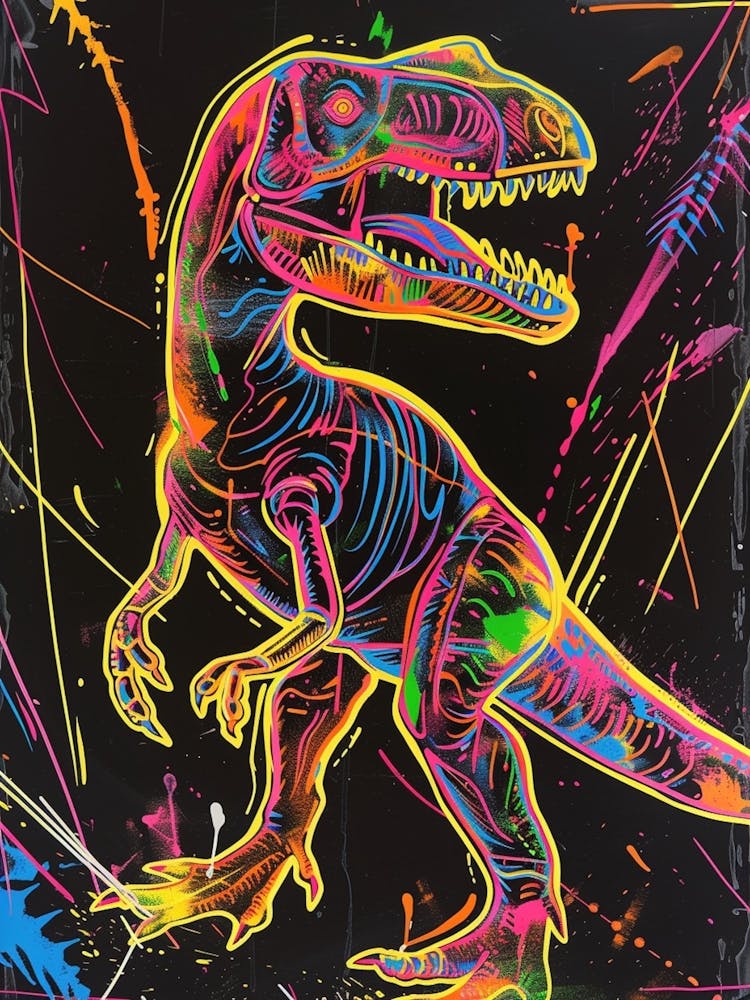 Neon Black & Rainbow T Rex Line Drawing 1