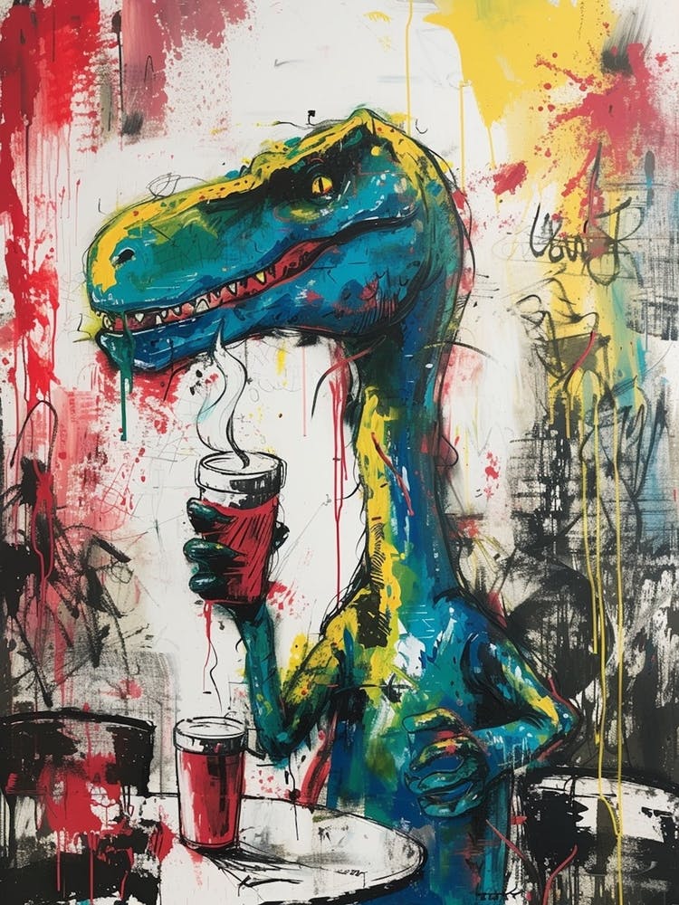 Abstract Wild Brushstrokes Dinosaur Drinking Coffee