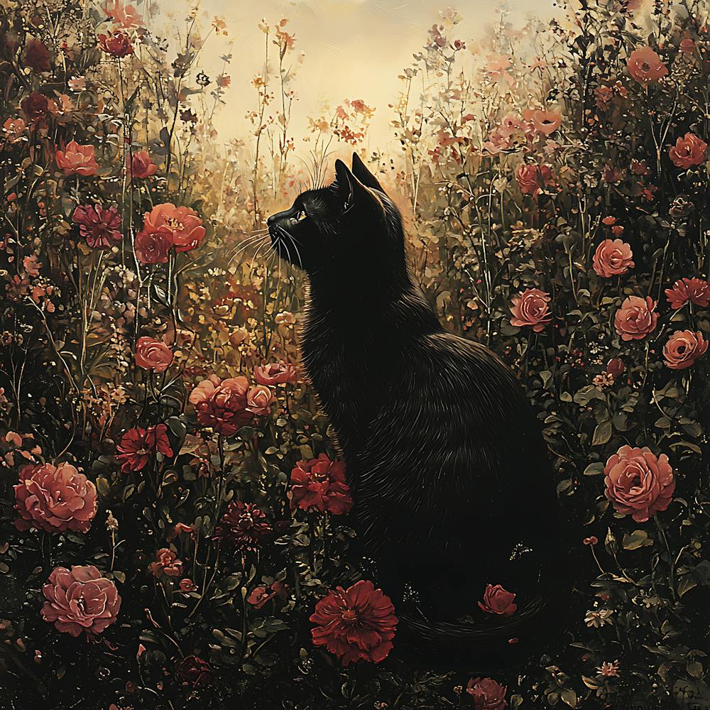 Black Cat in a Floral Sunset Garden 7