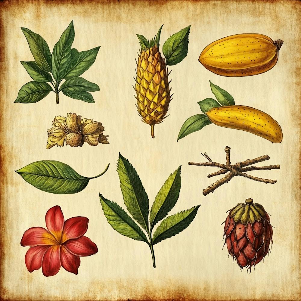 Illustration tropischer Früchte und Blumen Kunst
