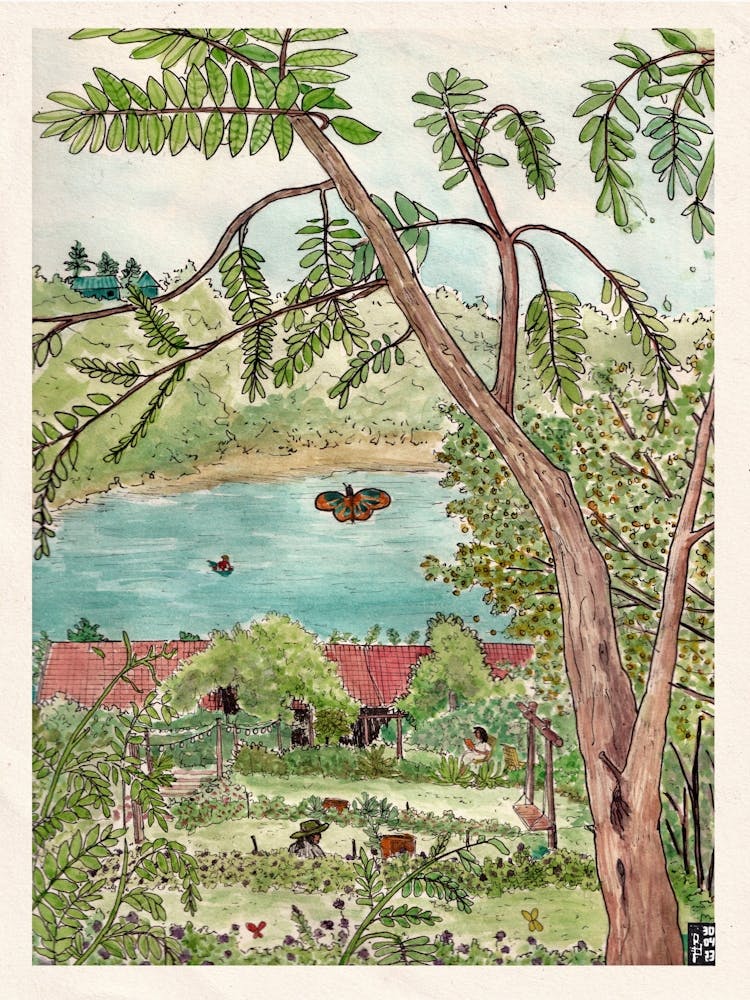 Vietnam - Tropical Botanical Garden View Watercolor - Vietnamese Landscape Illustration