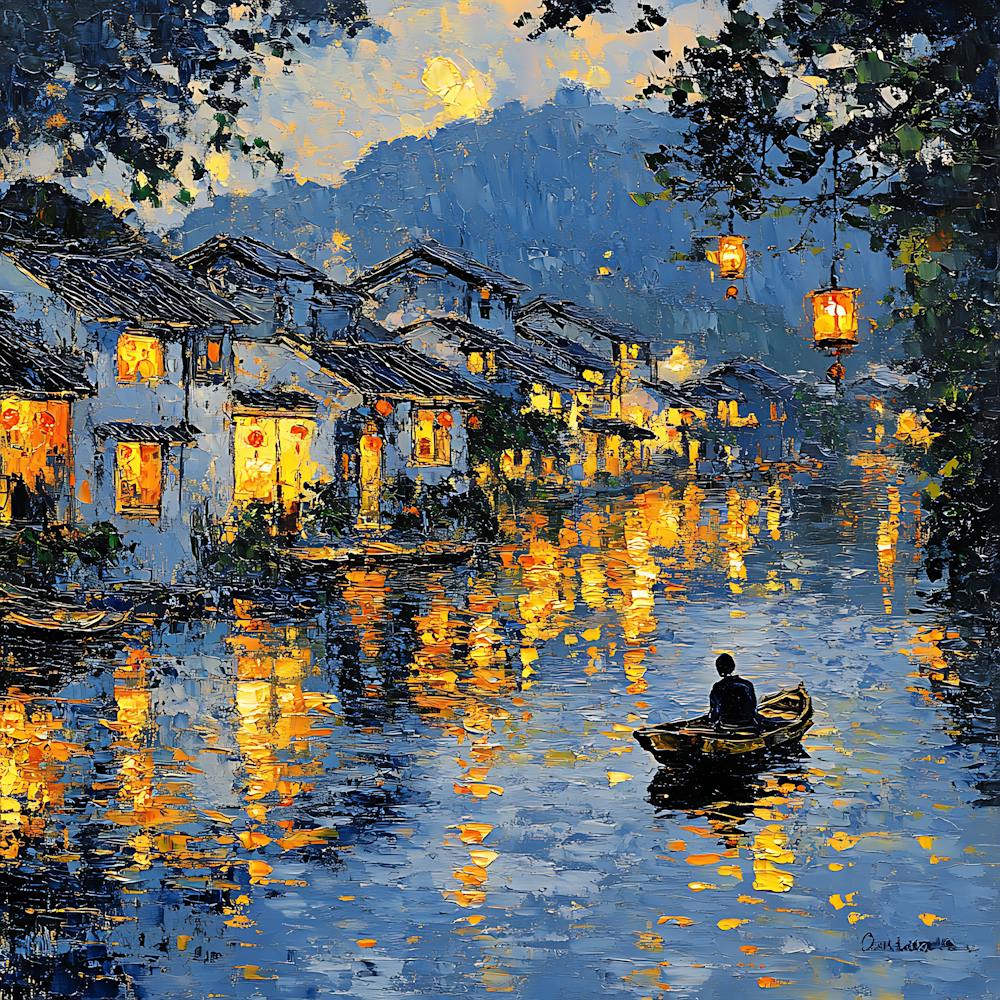 Peaceful Village Waterway Night Scene