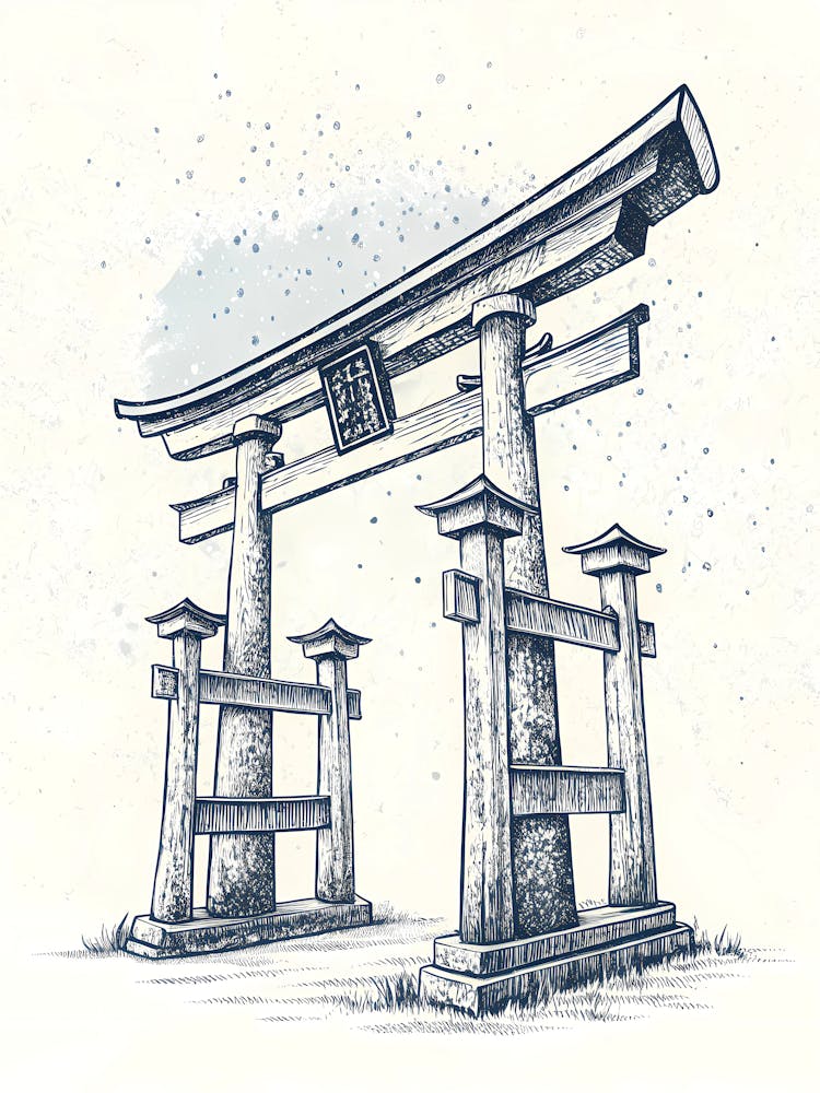 Minimalist Ink Sketch Of Vintage Torii Gate With