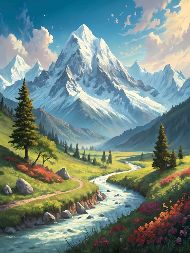 Majestic Mountain Landscape with River Oil Painting Style