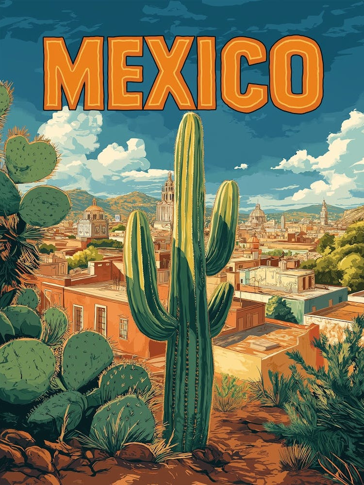 Mexico Cactus Vintage Travel Poster