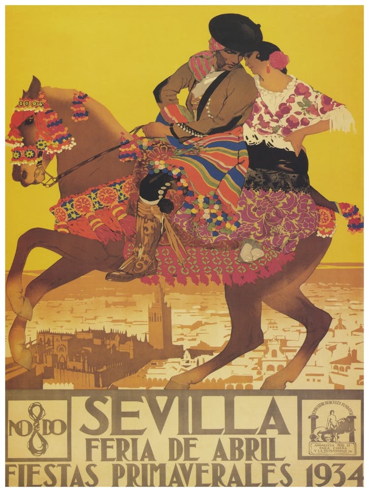 Sevilla, Spanien Fiesta De April, Mann und Frau auf Pferd reitend, Vintage Reiseplakat