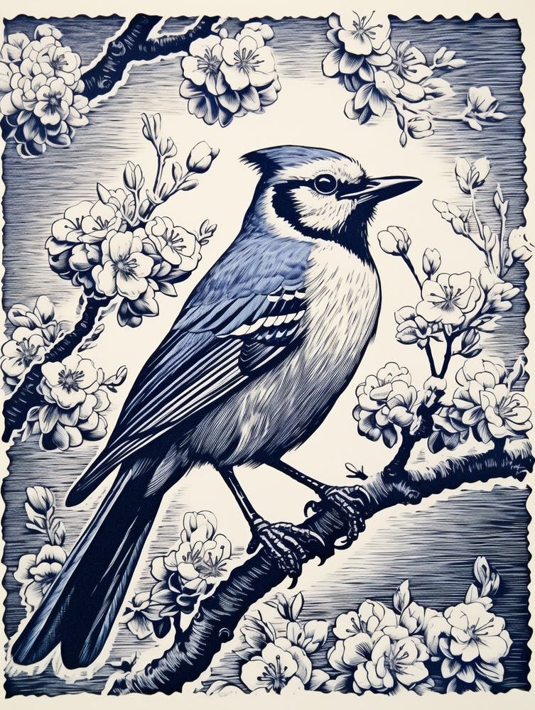Vintage Bird Linocut Blue Jay 10
