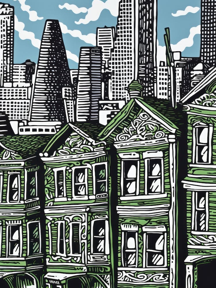 Painted Ladies San Francisco Linocut Illustration Style 3