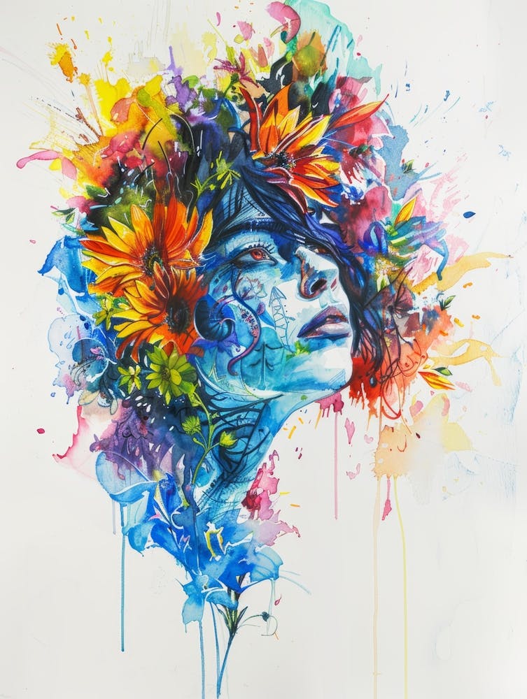 Watercolor Of A Woman With Flowers