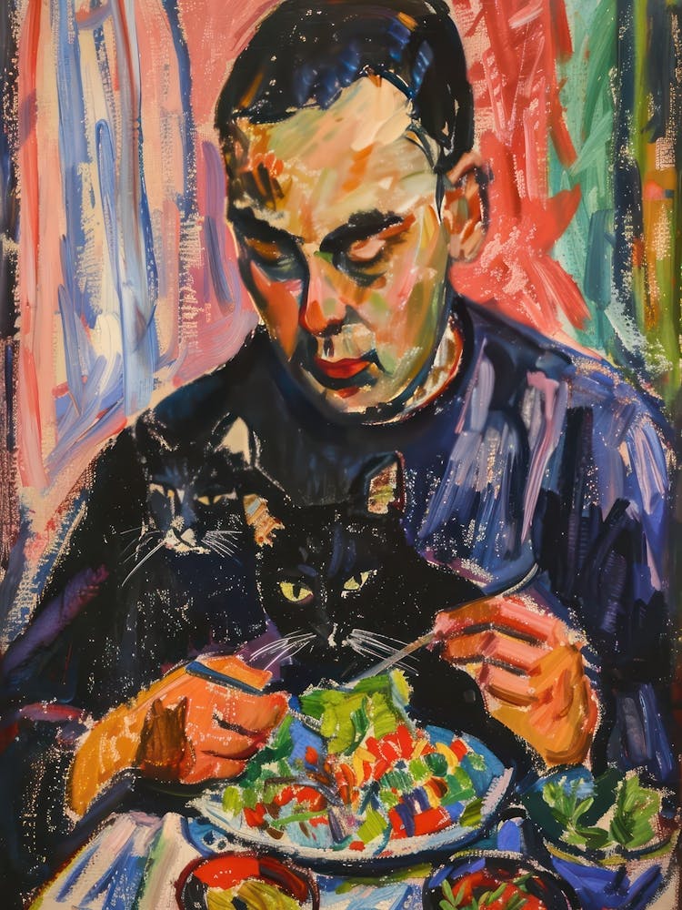 Portrait Of A Man With Cats Eating A Salad  4