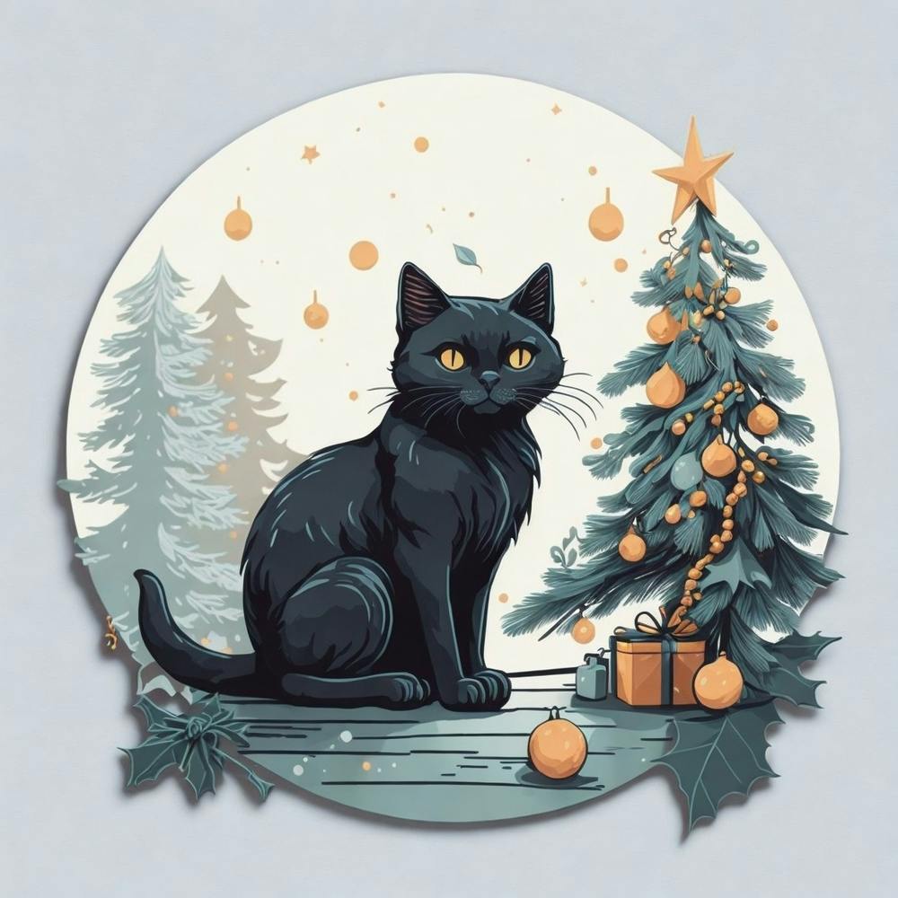 Black Cat With Christmas Tree
