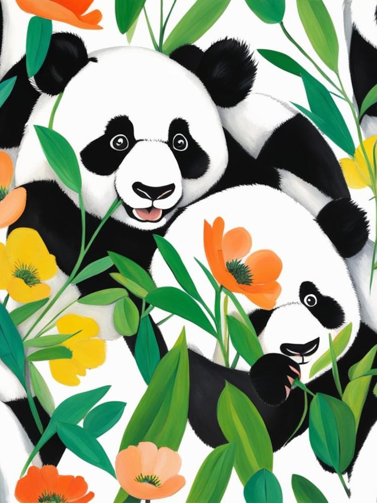 Panda Bears In Flowers