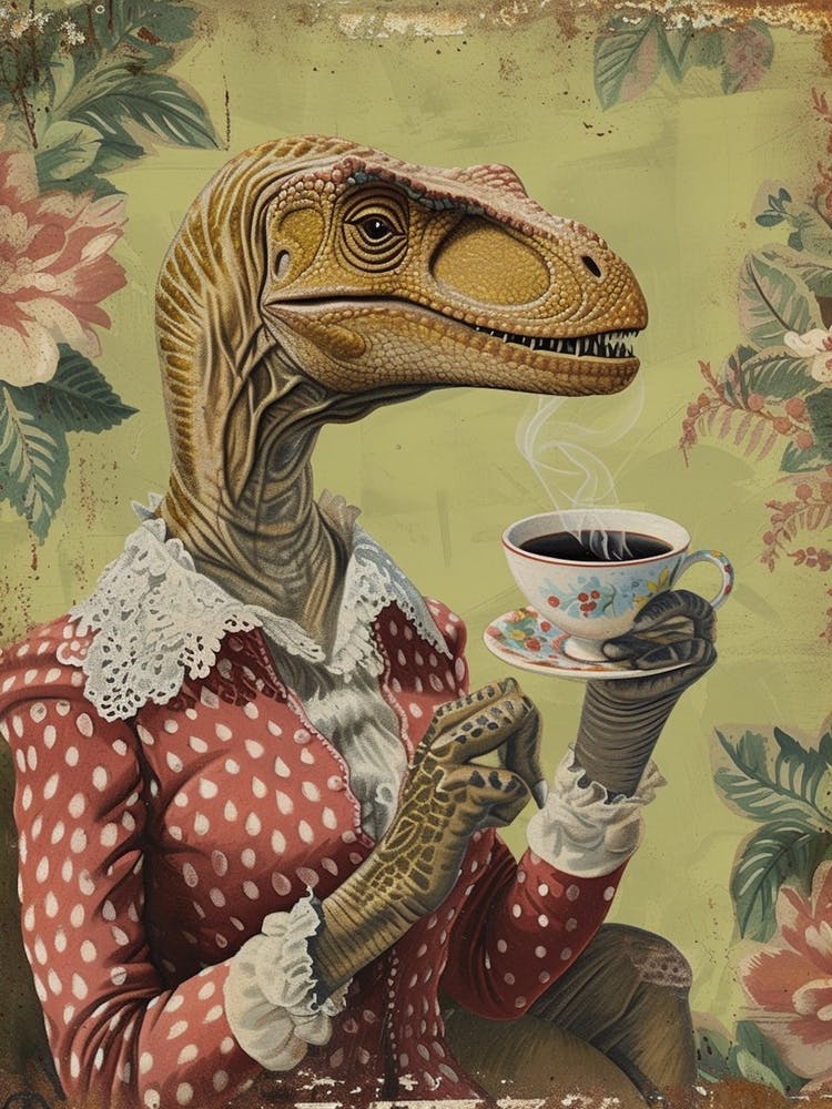 Dinosaur Drinking Coffee Retro Collage 4