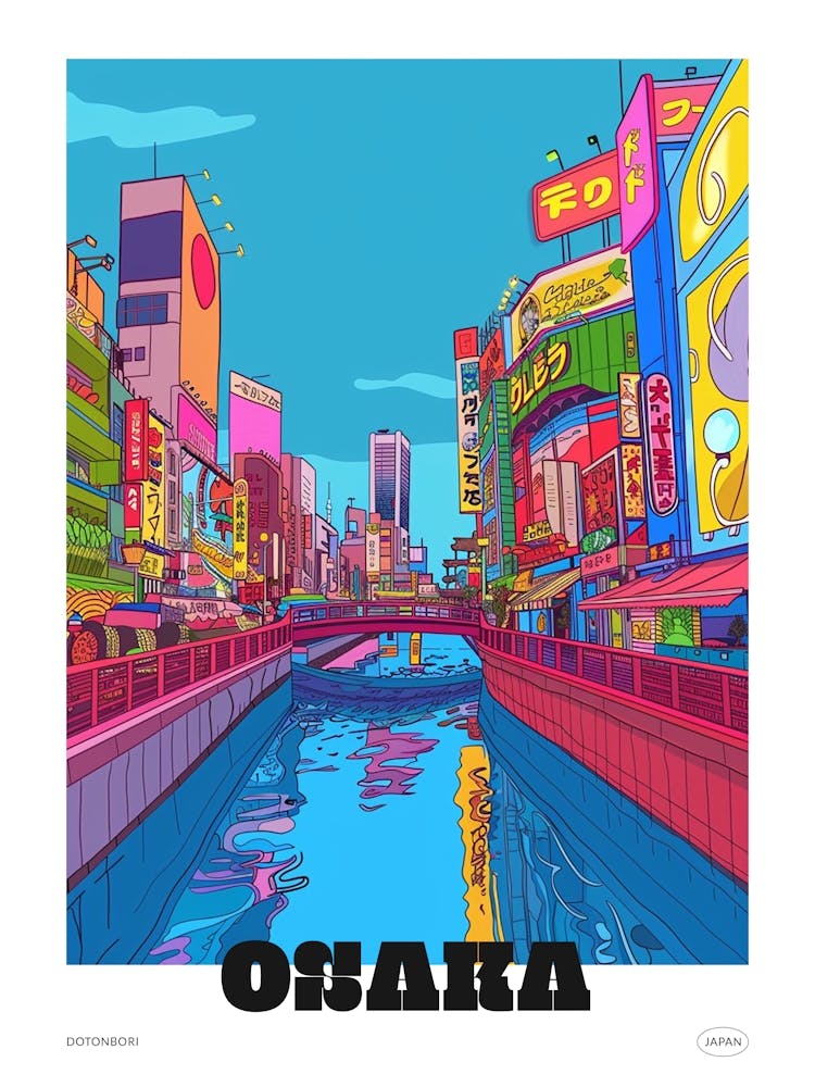Dotonbori Osaka 3 Colourful Illustration Poster