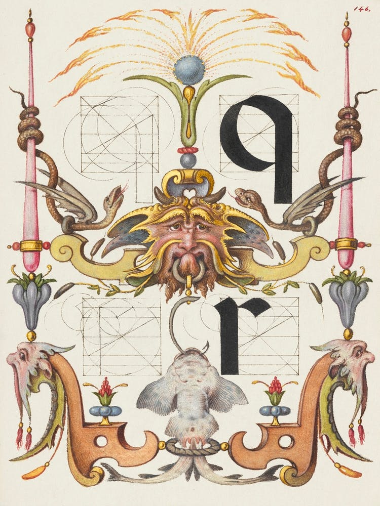 Guide For Constructing The Letters Q And R From Mira Calligraphiae Monumenta, Joris Hoefnagel