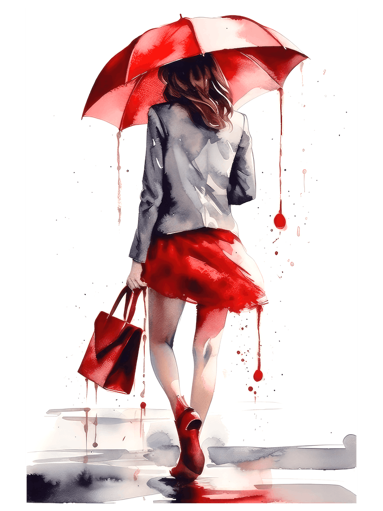 Girl in the rain with a red umbrella watercolor