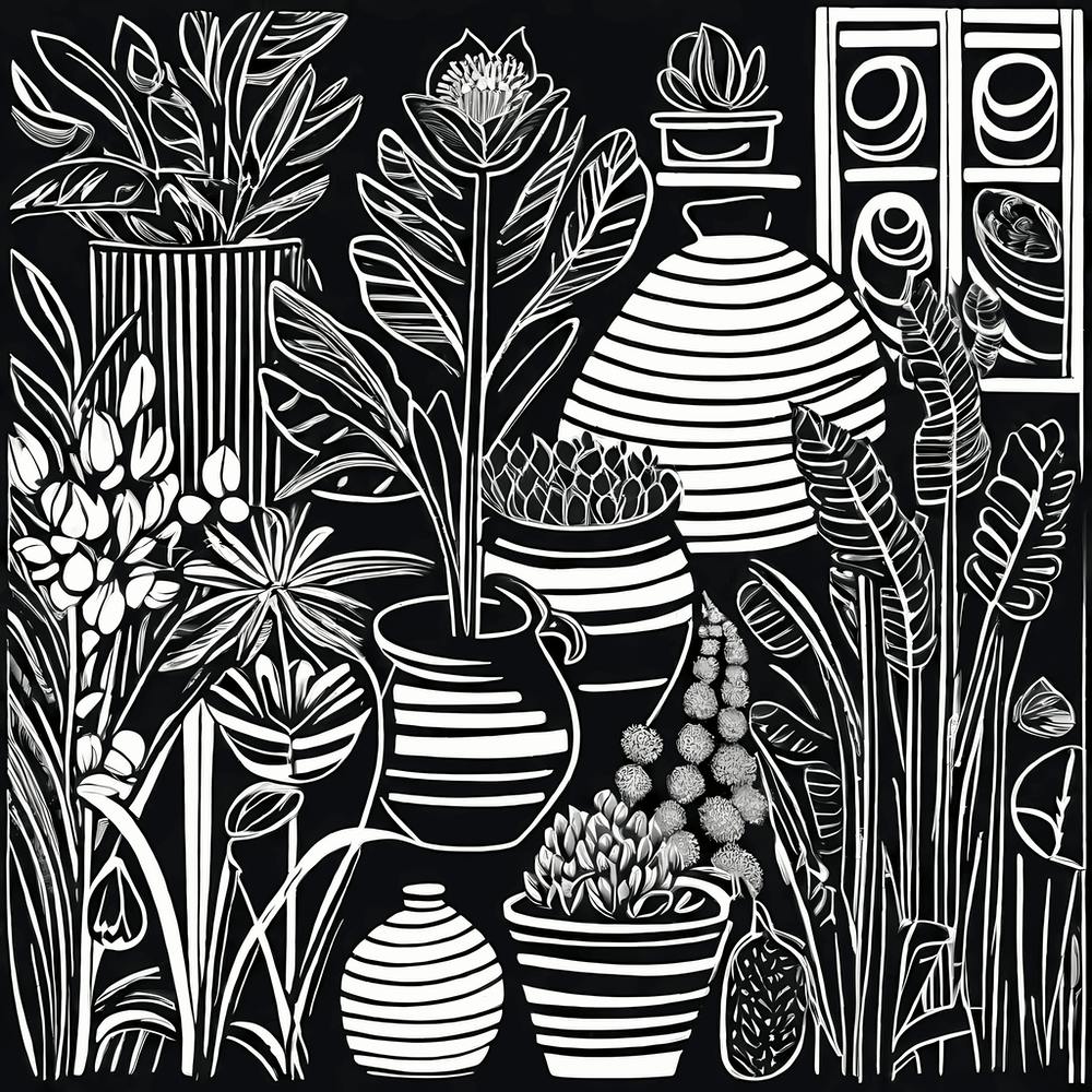 Lion cut inspired Black and white Garden plants & flowers art, Gardening art