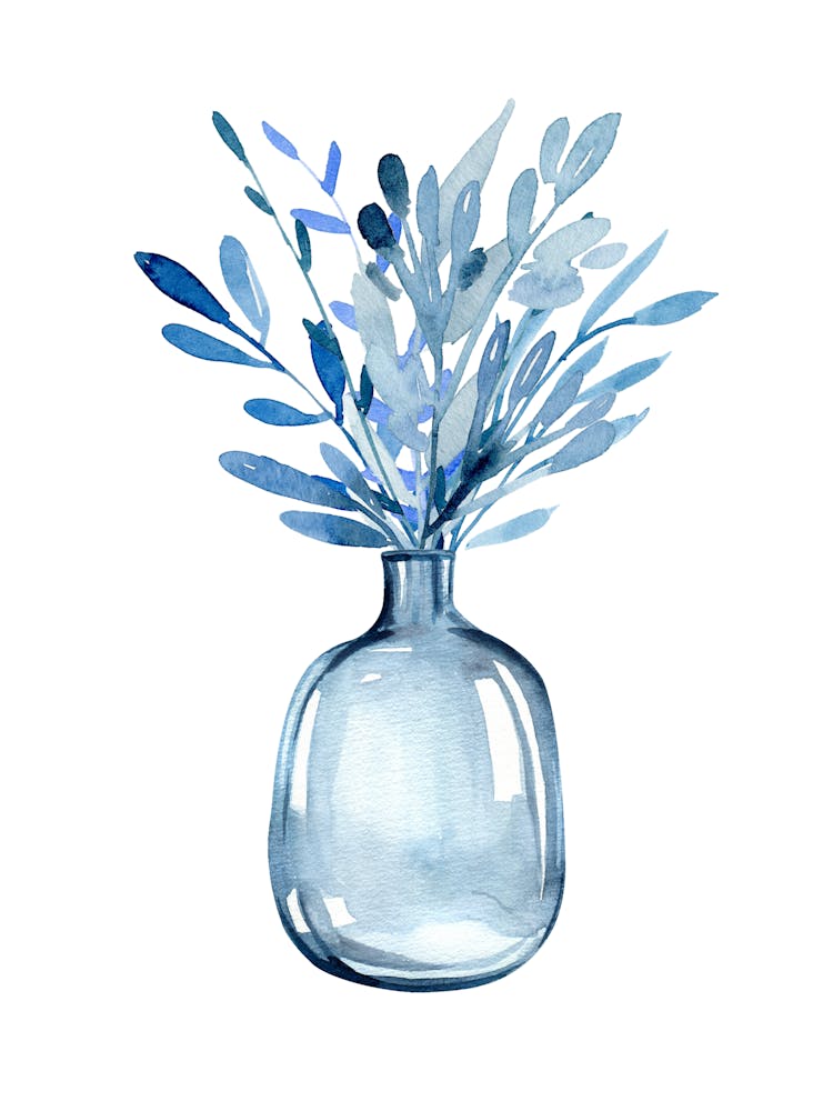 Blue Watercolour Leaves In Vase