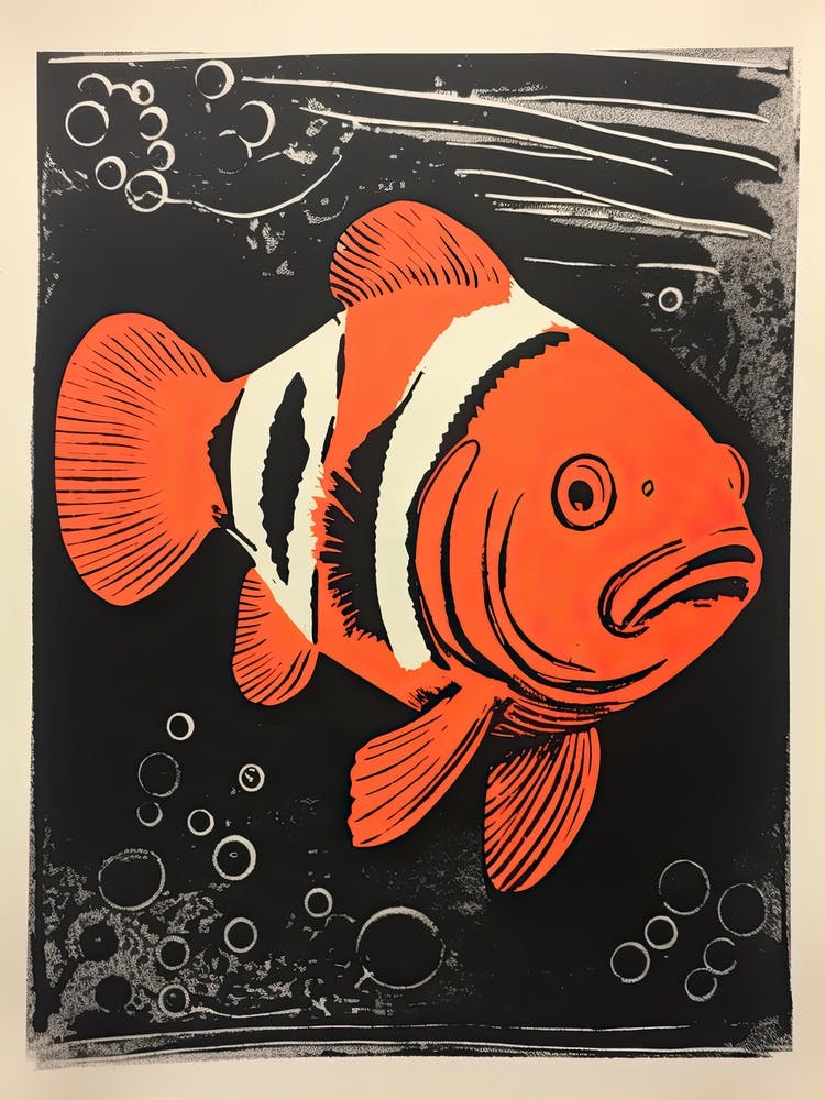 Clownfish, Woodblock Animal Drawing 2