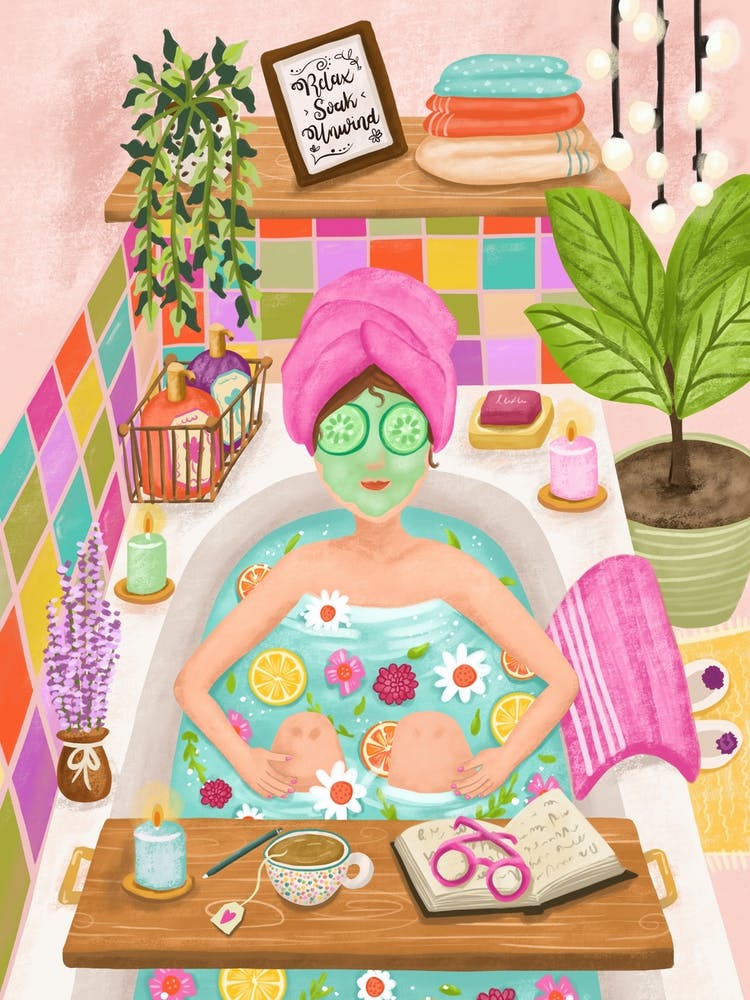 Woman in Bathtub Self care Illustration Relax Soak Unwind Inspirational