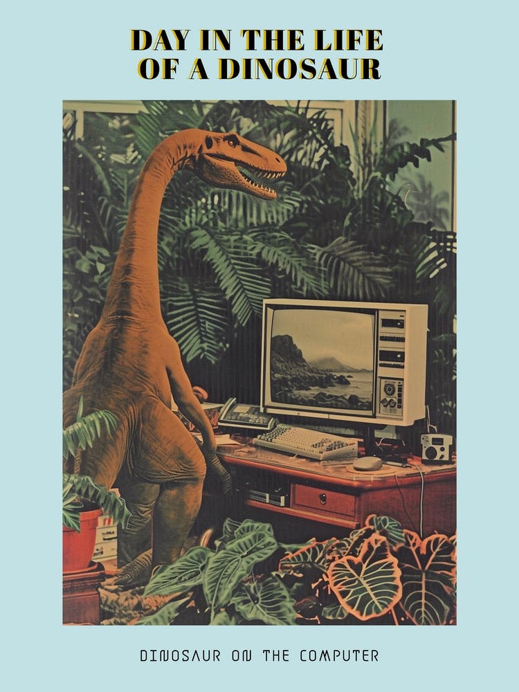 Dinosaur At A Computer Retro Collage 1 Poster