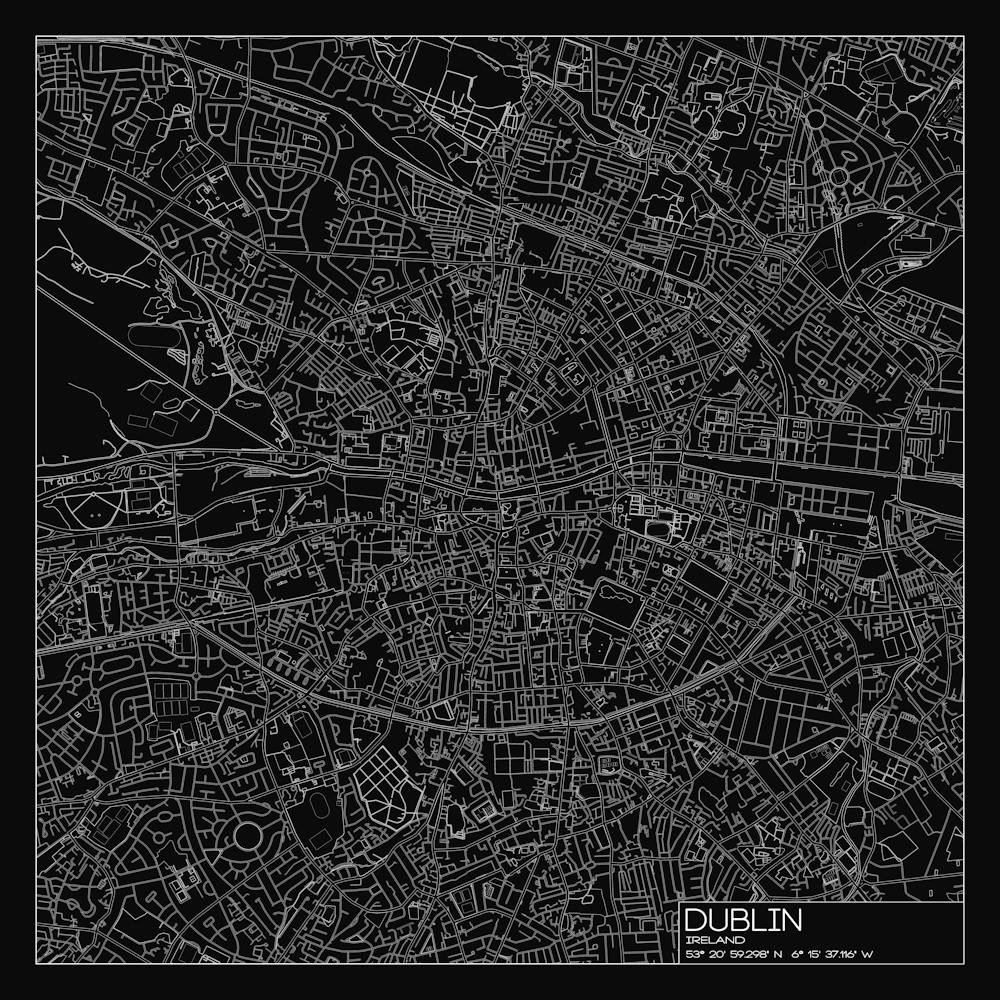 Dublin Ireland city map white on black blueprint design