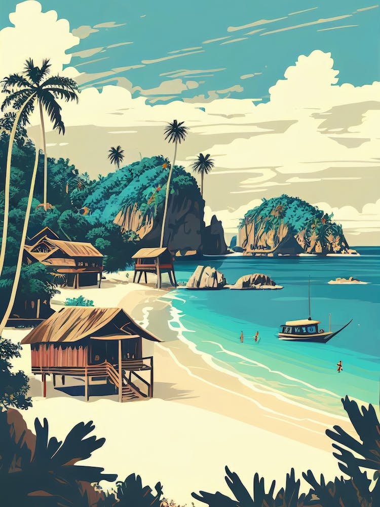Pantai Ora, Indonesia - Retro Landscape Beach and Coastal Theme Travel Poster