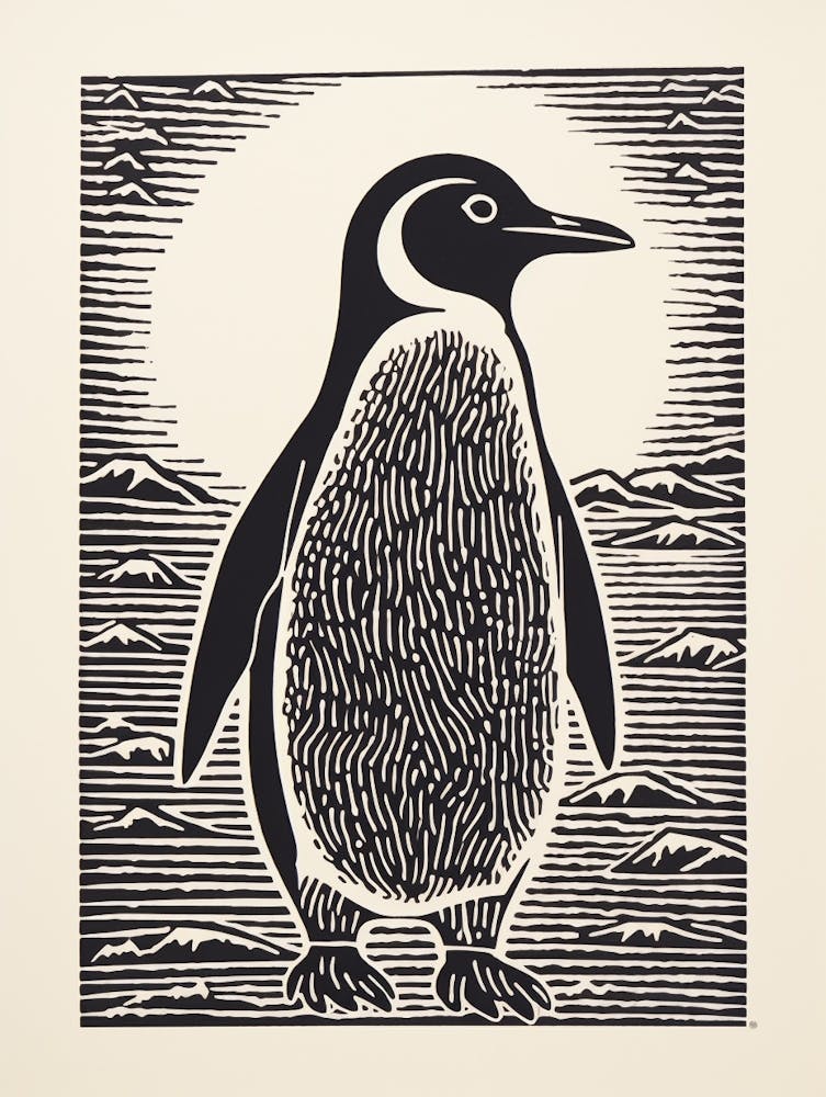 Manchot 3 - Linogravure d'oiseau N&B