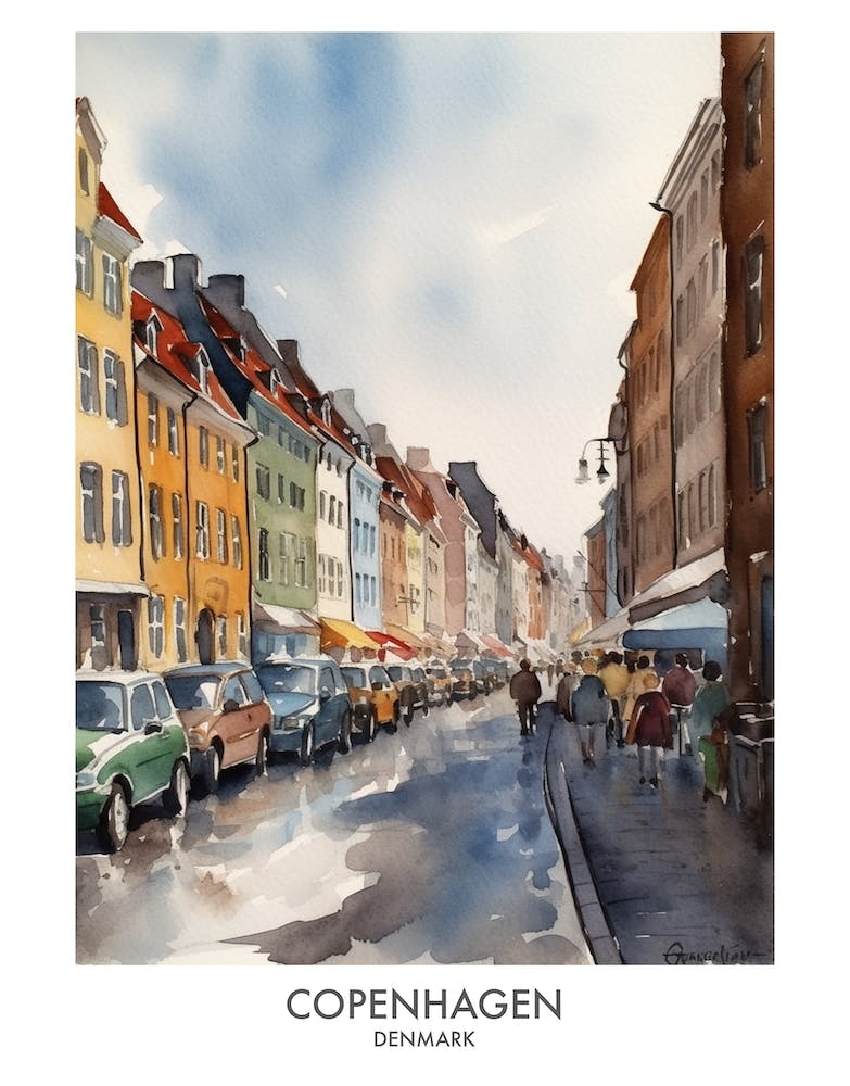 Copenhagen 4 Watercolour Travel Poster