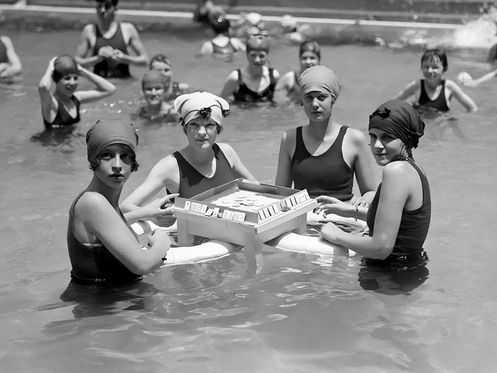Women In Swimming Pool Playing Board Game, Vintage Black and White Old Photo