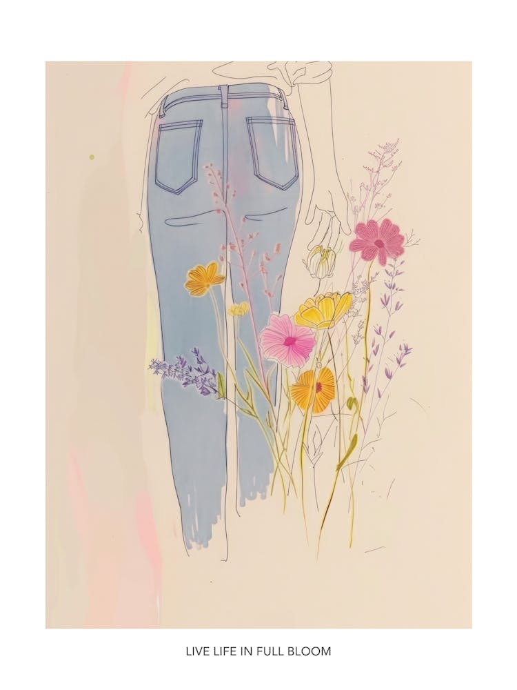 Live Life In Full Bloom Poster Floral Blue Jeans Line Art 1