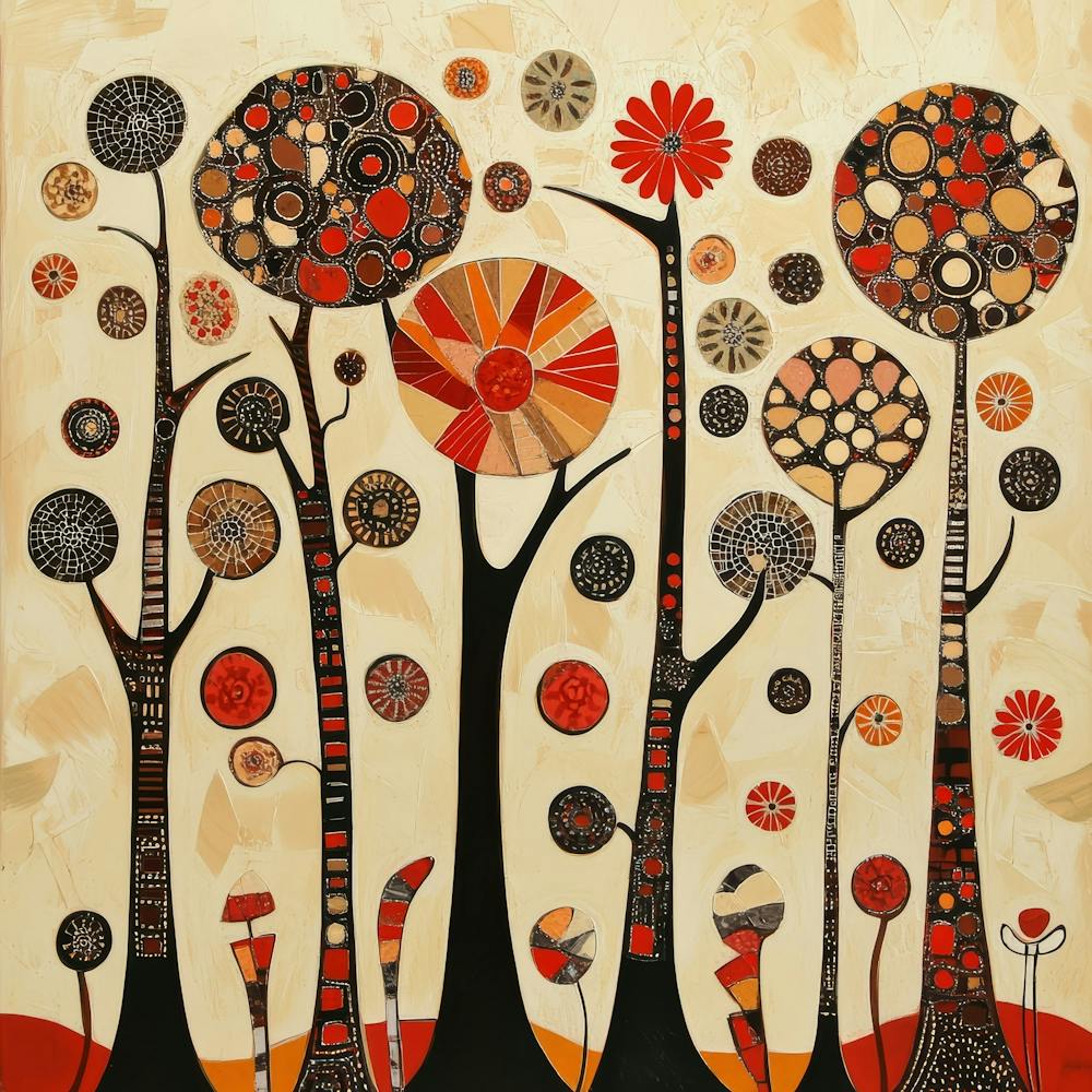 Folk Art Style Mosaic Trees