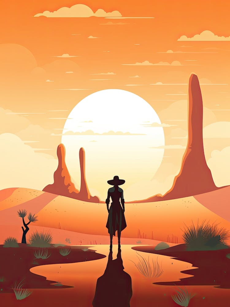 Cowgirl Riding A Horse In The Desert Orange Tones Illustration 15