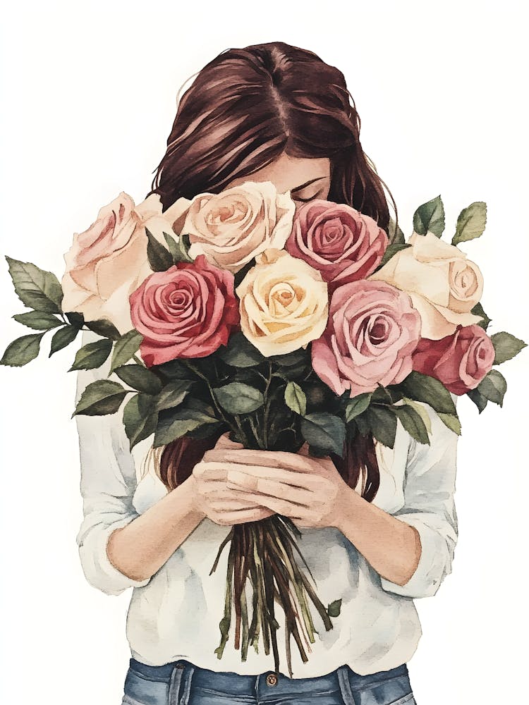 Girl Holding A Bouquet Of Roses