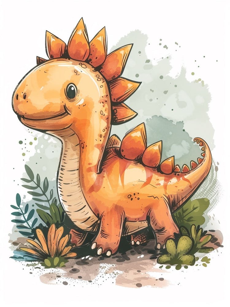 Cute Cartoon Stegosaurus Dinosaur Watercolour 1
