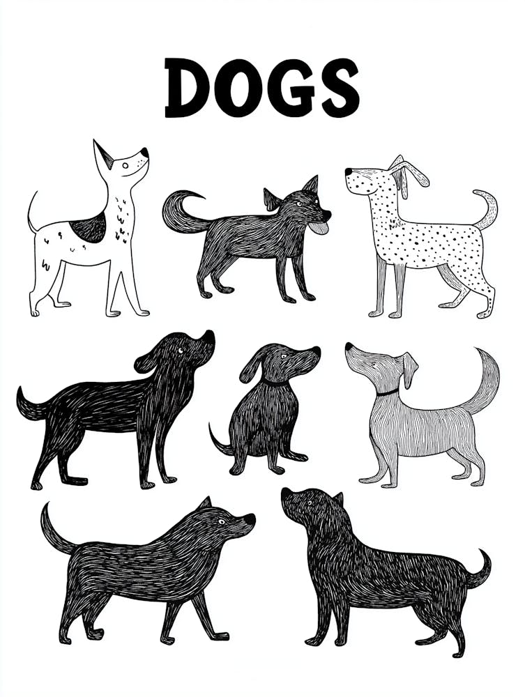 A Black And White Drawing Of Dogs